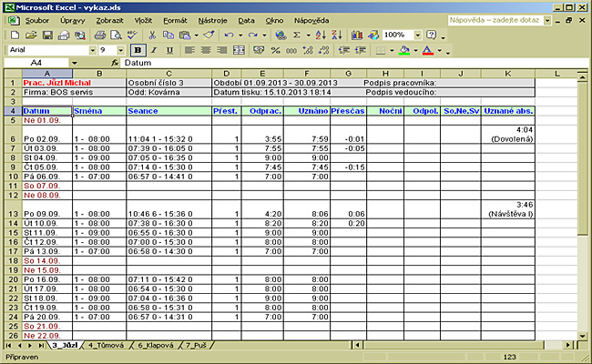 Dochzkov systm Dochzka 3000 - ukzka oteven podrobnho vkazu dochzky v Excelu