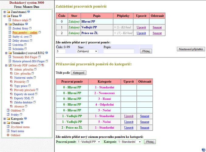 Dochzkov systm Dochzka 3000 - konfigurace pracovnch pomr